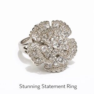 Elegant Silver Oversized CZ Floral Statement Cocktail Ring